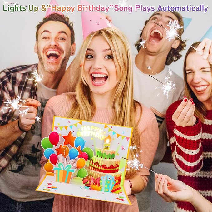 Birthday Cards Pop Up Cake with Blowable Candle Light, Music Happy Birthday Card Gifts for Men Women Kids Mom Grandma