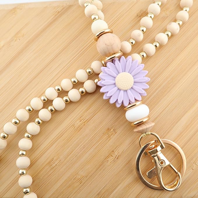 Wooden Teacher Lanyards for Id Badge Cute Flower Wood and Gold Beaded Lanyards for Women for Nurse Badge