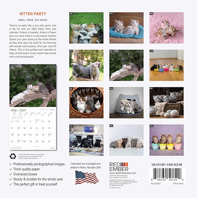 RED EMBER Kitten Party 2025 Wall Calendar 12 Month | 12" x 24" Open | Thick & Sturdy Paper | Giftable | Calendar 2025