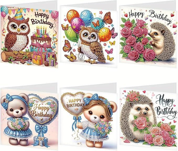 Tontut 6 Pieces Diamond Art Painted Greeting Cards, Owl Hedgehog Bear 5D DIY Special Shape Diamond Card Creative Gifts, Christmas Thanksgiving Greeting Card Congratulation