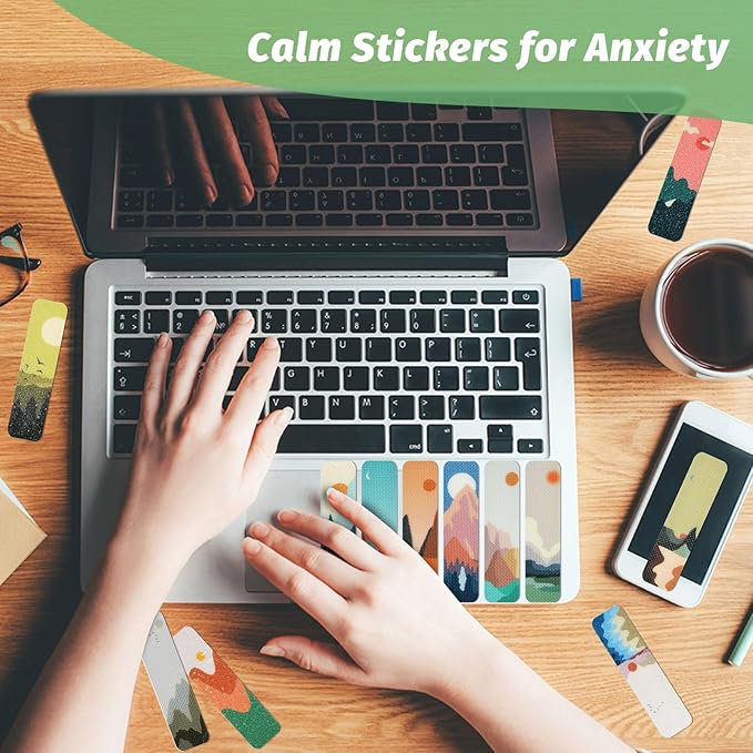 72 Pieces Anxiety Sensory Stickers with Storage Box - Calming Stickers 2 Textured Surface - Fidget Strips for Office & Classroom Desk Adult & Teen Stress (Landscape)