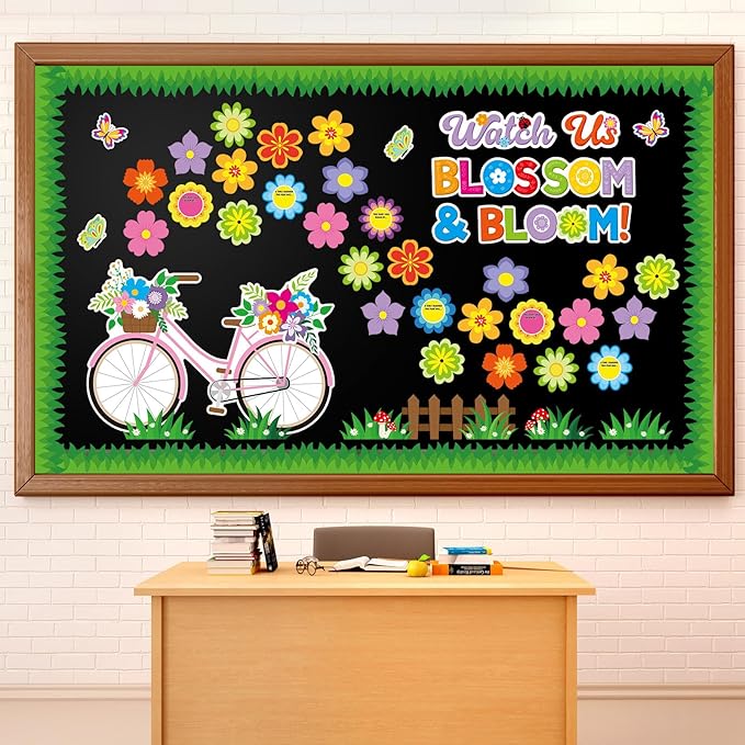 Kosiz Spring Bicycle Bulletin Board Decorations Set Flower Butterfly Bike Paper Cutouts Watch Us Blossom Bloom Classroom Decorations with Green Borders for School Chalkboard Wall Door Home