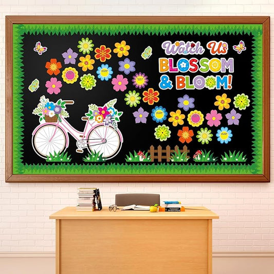 Kosiz Spring Bicycle Bulletin Board Decorations Set Flower Butterfly Bike Paper Cutouts Watch Us Blossom Bloom Classroom Decorations with Green Borders for School Chalkboard Wall Door Home