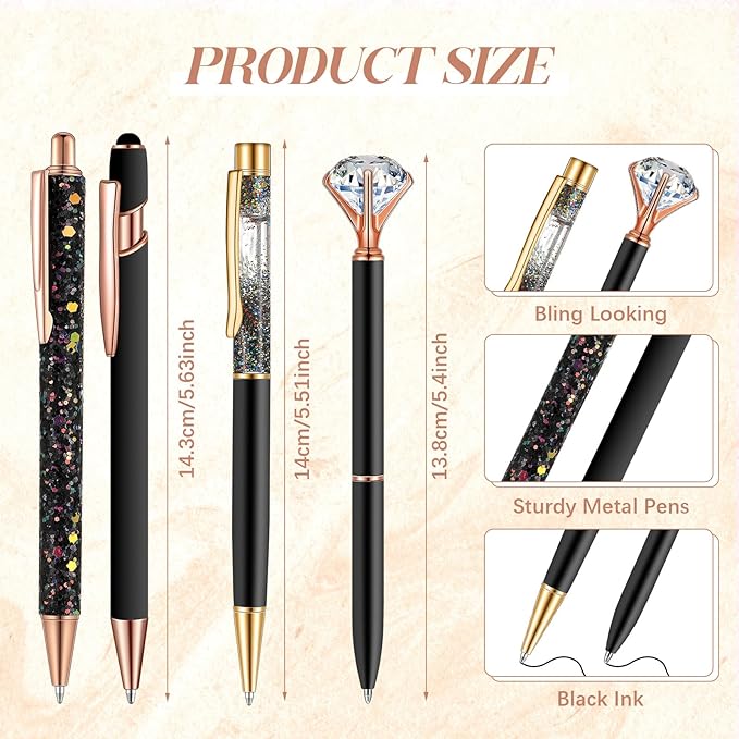 Sabary 8 Pcs Ballpoint Pens with Pen Holder for Desk Metal Crystal Diamond Pen Glitter Pencil Holder Fancy Pens Black Ink Bling Desk Organizer for Women Girls Office School Wedding Gifts (Black)