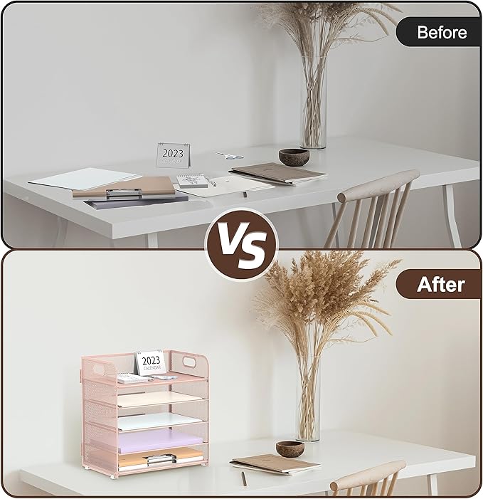 2 Pack 5-Tier Pink Desk Organizer with Handle Mesh Desk File/Paper Organizer Letter Tray for Office, School and Home Easy Installation