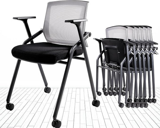 Conference Room Chairs, Folding Office Desk Chair with Lumbar Support and Sliding Armrest with Casters, Stackable Office Guest Chairs & Reception Chairs (2 Pack)