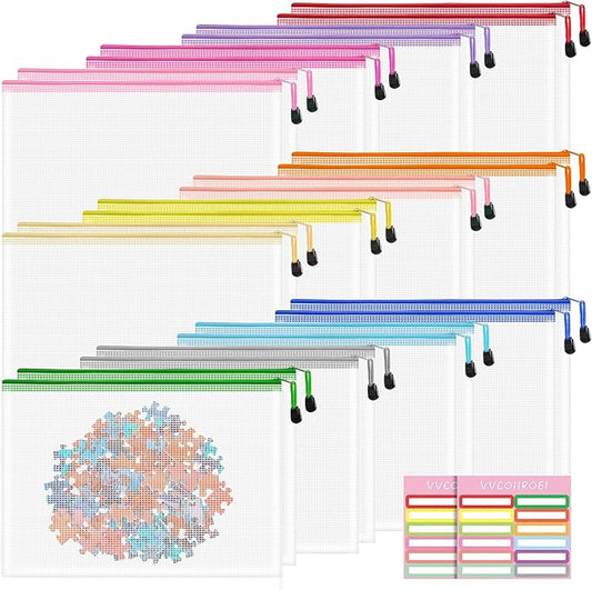 24pcs Clear Zipper Pouches, A4 Zipper Bag, 12 Colors Letter Size Organizer Bags, Plastic Mesh Zipper Pouch, Toy Bags for Storage, Zip Bags for Classroom, Home Organization, Teacher Supplies