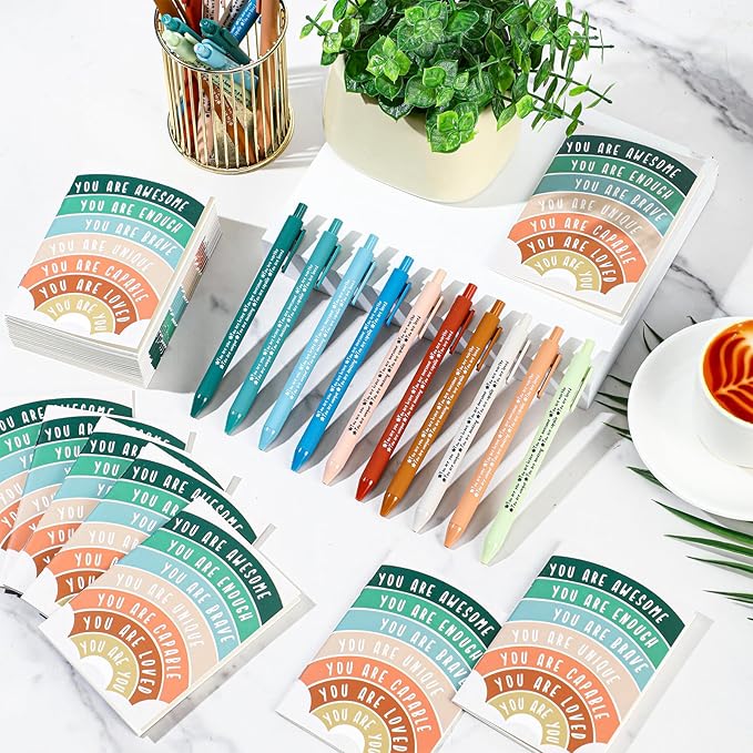 Janlaugh 60 Pcs Positive Affirmations Reminder Notepad Motivational Pen Positive Psychology Pocket Notebooks with Colored Ballpoint for Volunteer Week Mental Health Therapy Teacher Student Classroom