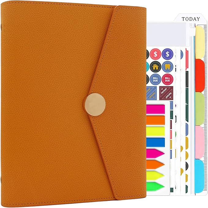 HXRTANGS PU Leather Notebook Binder Set A5, Refillable Writing Journal Planner Organizer with Paper Refills, Index Flags, Subject Dividers, Budget Stickers, Zipper Pocket and Bookmark Ruler, Orange