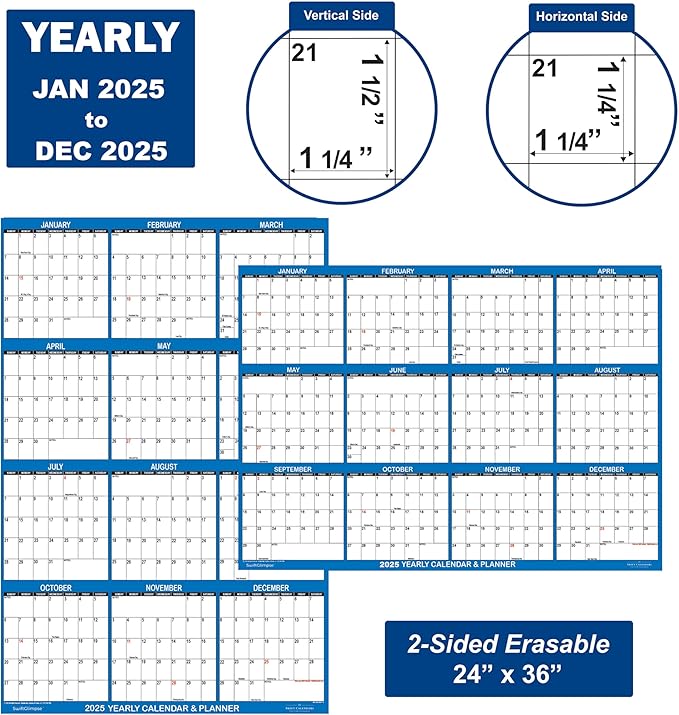 24" x 36" SwiftGlimpse 2025 Wall Calendar Erasable Large Wet & Dry Erase Laminated 12 Month Annual Yearly Wall Planner, Reversible, Horizontal/Vertical, Navy