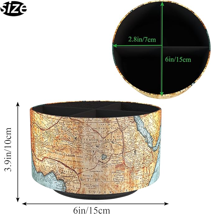 Hennaja Round Leather Art Supply Organizer,Remote Control Holder,360 Degree Rotating,Multi-Functional Pencil Holder,4 Compartments Desktop Stationary Organizer(1-Vintage Map)