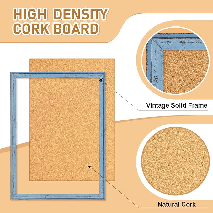DOLLAR BOSS Cork Boards for Walls, 24 X 18 Inches Bulletin Board Decorative Hanging Pin Board Rustic Wooden Frame Vision Board Notice Board for Office Home Decor, Blue