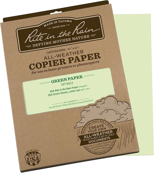 Rite In The Rain Weatherproof Copier Paper, 8.5" x 11", 20# Green, 200 Sheet Pack (No. 9511)