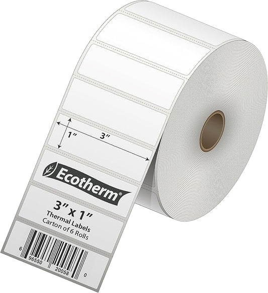 3" x 1" Thermal Labels | 6 Rolls | 15000 Labels | fits Zebra, Munbyn, Rollo, Godex, Arkscan, iDPRT, Offnova Thermal Label Printers and More | Blank White Adhesive Stickers by Ecotherm
