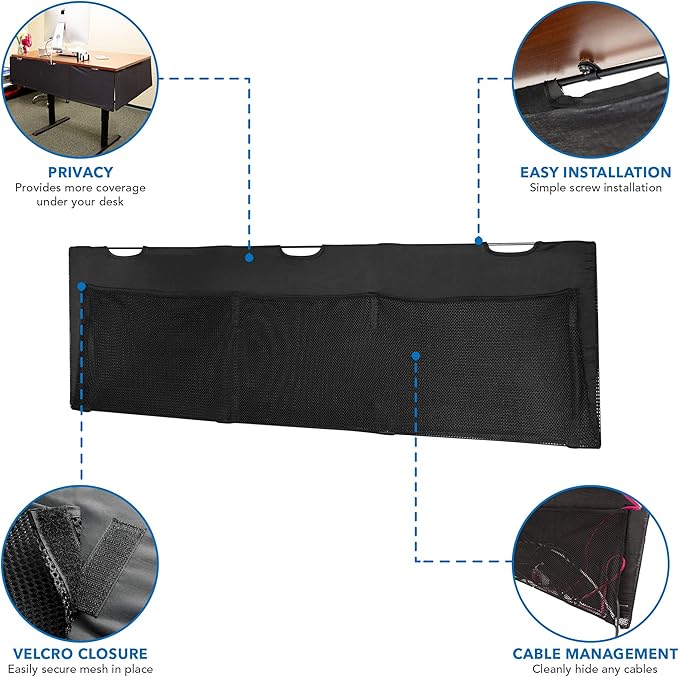 Mount-It! Under Desk Modesty Panel for Office Desks and Sit Stand Workstations [60 Inches Wide] Mesh Organizer Pockets for Cables and Wires (Black)
