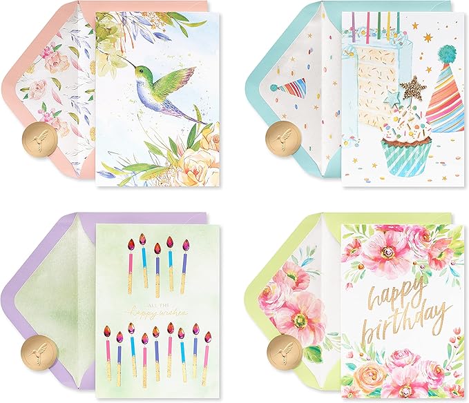 Papyrus Deluxe Boxed Birthday Card Assortment, Floral and Candles (4-Count)