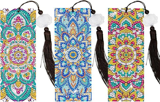 Anseal 3 Pcs 5D Diamond Bookmarks Painting for Book Lovers, Mandala PU Leather Diamond Dotz Art Bookmark for Adults, Tassel Beaded Book Mark for Graduation Birthday Reading Present
