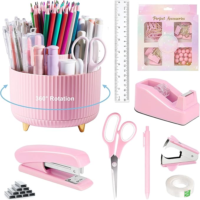 Pink Desk Accessories, Pink Office Supplies 360°Pen Holder Desk Organizers and Accessories with Tape Dispenser, Stapler, Staple Remover, 1000 Staples, Tape, Clips Set, Ruler, Scissor, Pen