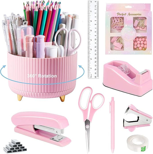 Pink Desk Accessories, Pink Office Supplies 360°Pen Holder Desk Organizers and Accessories with Tape Dispenser, Stapler, Staple Remover, 1000 Staples, Tape, Clips Set, Ruler, Scissor, Pen