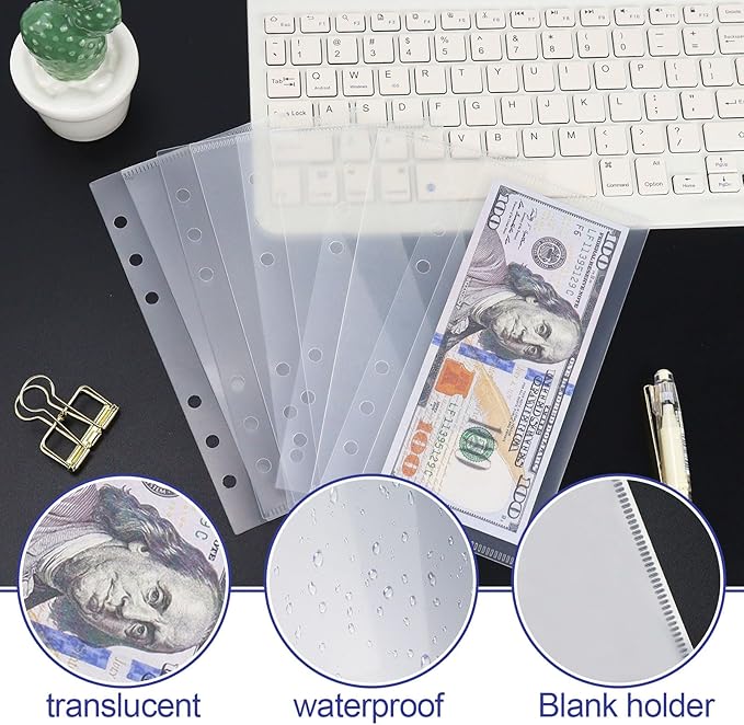 A6 Binder Pockets with No Zipper, Koqye Blue 10 Pcs Plastic Zipless Budget Envelopes, Two Pockets Frosted Cash Envelopes Money Bag for Budgeting, Cash Stuffing (Clear Frosted-2set)