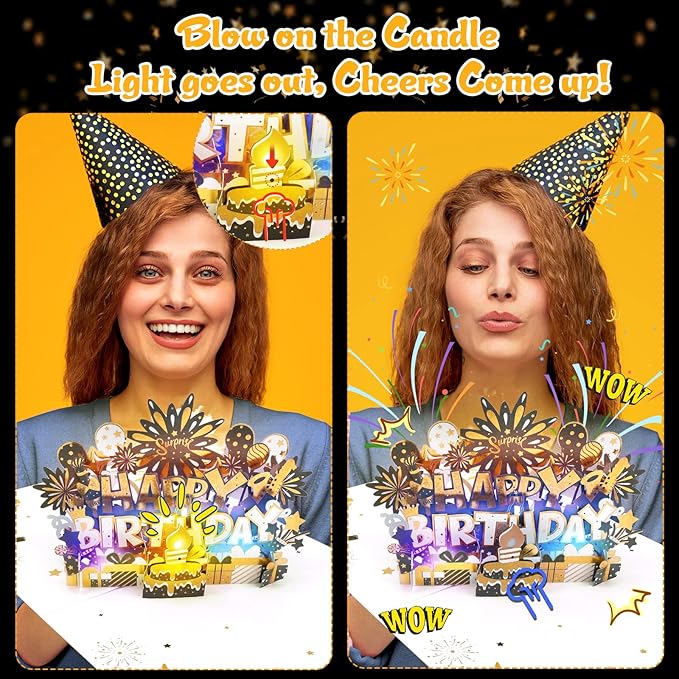 Birthday Card | Musical Pop Up Birthday Cards w Light | Blow Out LED Light Candle & Play Happy Birthday Music Pop Up Card | Greeting Cards Gifts for Him or Her | Black Gold (Blowable Candle)