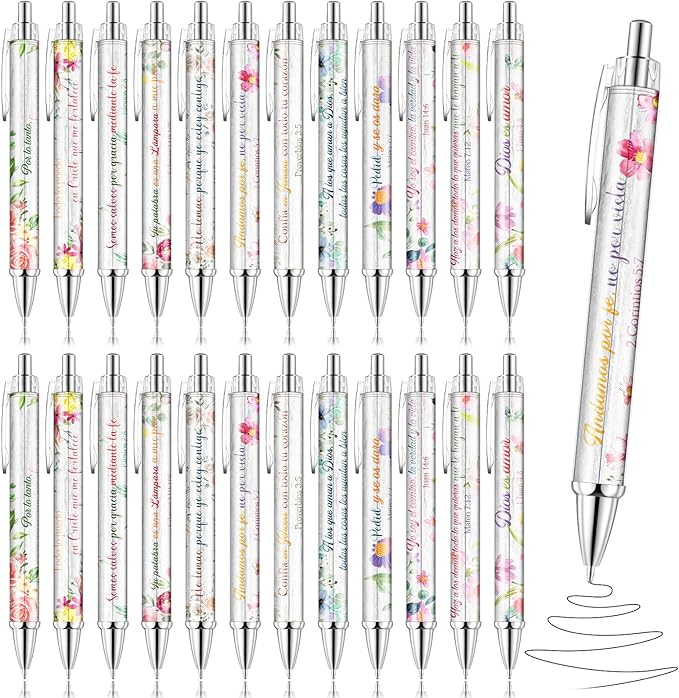 24 Pcs Spanish Christian Pens Regalos Cristianos En Español Bible Verse Ballpoint Pens with Inspirational Quote Spanish Christian Gifts for Religious Church Office School(Flower)