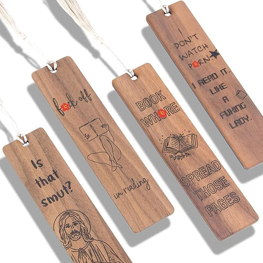 Funny Gifts Bookmark for Women – Set of 4 Wooden Bookmarks with Tassels, Made from Walnut Wood,Funny Bookmark Gift for Men and Women, Novelty Gag Bookmark for Book Lovers,Christmas Stocking Stuffer