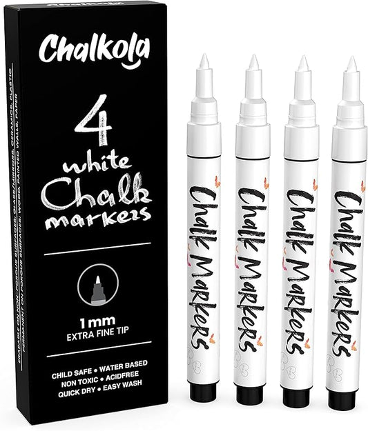 Extra Fine Tip White Chalk Markers (4 Pack 1mm Point) Chalk Pens - White Dry Erase Marker Pen for Blackboard, Chalkboards, Windows, Glass, Bistro, Signs