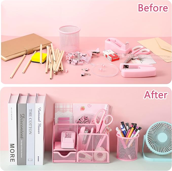 Pink Office Desk Accessories Supplies, 12pcs Desk Organizers and Accessories with Tape dispenser and Stapler,Staples,Staple Remover,Pen Holder,Scissor,Ruler,Sticky Tabs,Tape,Ballpoint Pen,Clips Set