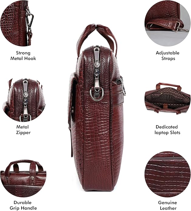 Crocodile Embossed leather bag for men, 5 Zipper Pockets with Spacious Compartments.,12 x 16 x 4 inches.