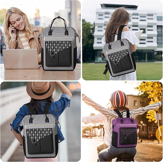 MOMUVO Laptop Backpack for Women Laptop Bag with USB Port, Student Bookbag Water Resistant Backpacks Teacher Doctor Nurse Work Backpack Stylish Travel Bags, Fits 17-Inch Laptop Grey Black