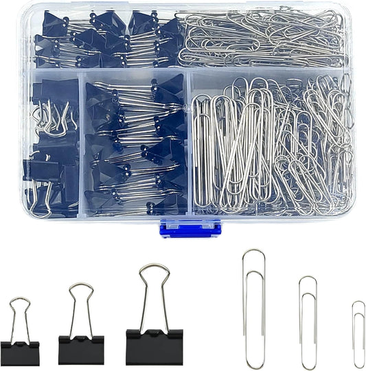 Binder and Paper Clips Set, 340 pcs Assorted Sizes in Container With Compartments - Silver Paper and Black Binder Clips for Home, School, Office Supplies