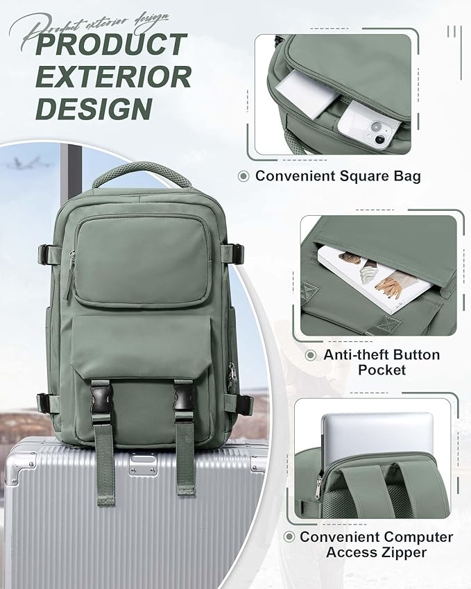 SEAFEW Military Green Travel Backpack for Women,Carry on Backpack Flight Approved,Casual Daypacks Cabin Bagage,Hiking Backpack Lightweight Rucksack(Small)
