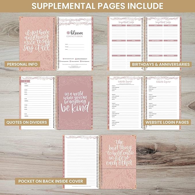 bloom daily planners Hardcover Contacts Address & Password Book - Alphabetical Organizer with Tabs - 6" x 8.25" - Navy Embroidery