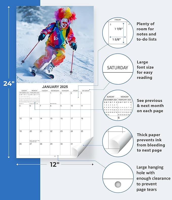 2025 Clowns in the Wild Creepy Clowns Doing Every Day Things Monthly Wall Calendar | 12" x 24" | Gag Gift Funny Calendar 2025