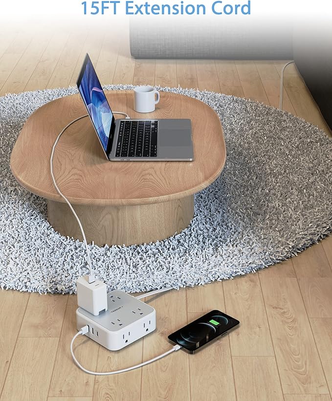 Surge Protector Power Strip 15 Ft Cord, 8 Widely Spaced Outlets, 3 USB Charger(1 USB C Port), Ultra Thin Flat Plug Extension Cord 15 Feet, 900J Surge Protection for Home, Office, Dorm Room Essentials