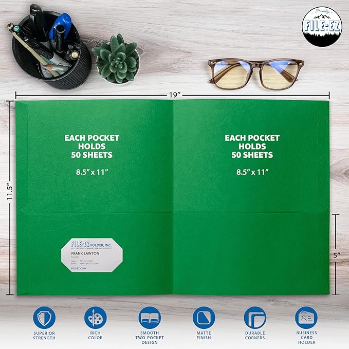 FILE-EZ Two-Pocket Folders, Green, 25-Pack, Textured Paper, Letter Size (EZ-32560)