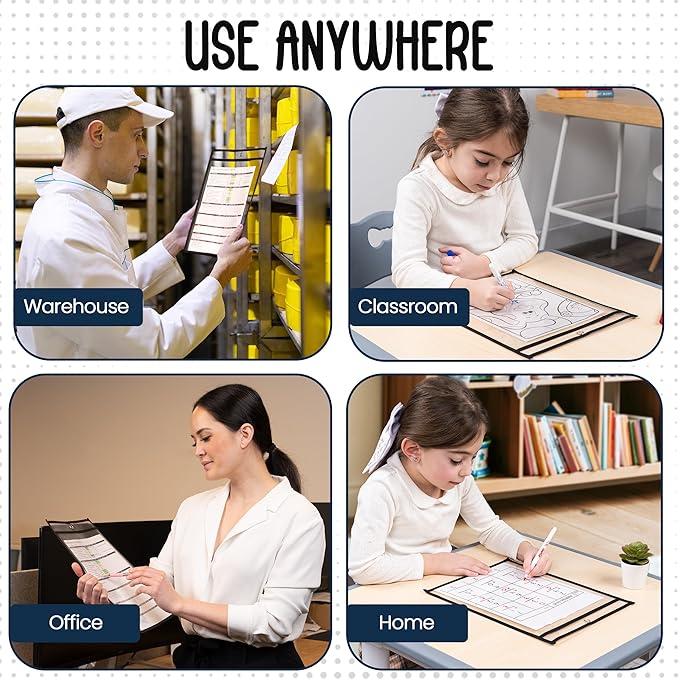 30 Pack, Black, Dry Erase Pocket Document Protectors, 10" Wide x 13.5" Tall - Dry Erase Clear Plastic Sleeves - Reusable & Easy Erase Plastic Invoice Holders, Water-Resistant & Durable