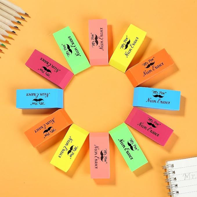 Mr. Pen- Pencil Eraser, 12 Pack, Neon Colors, Pencil Erasers for Drawing, Artist Eraser Pencil, Colorful Erasers for Kids