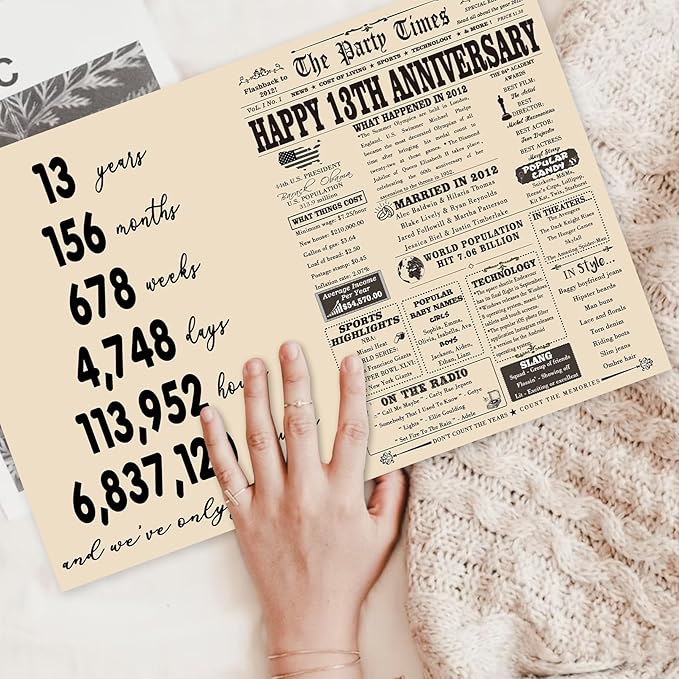 YiKaLus Big 13th Anniversary Card Gift for Him Her, Retro 13 Year Wedding Anniversary Decoration for Husband Wife, Aday Gifts for Women Men
