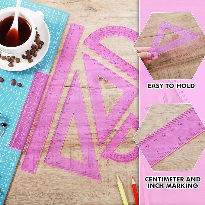 Tenare 6 Pcs Plastic Ruler Math Set Includes 12 Inch 6 Inch Straight Ruler Protractor Triangle Rulers Geometry Transparent Math Ruler Measuring Tools for School Office Home(Pink)