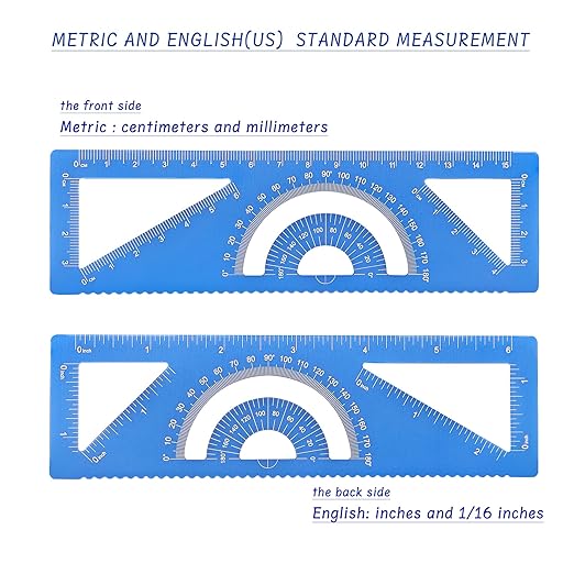 4-in-1 Geometry Set, Metal Math Ruler Kit- Aluminium Protractor, 2 Precision Triangles, Straight Edge Rule - Multifunctional Drafting& Measuring Small Ruler for Kids School - 6 inch, Black