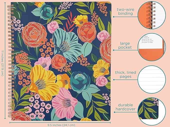 Steel Mill & Co Cute Large Spiral Notebook College Ruled, 11" x 9.5" with Durable Hardcover and 160 Lined Pages, Garden Blooms (Navy)