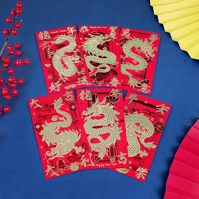 Red Envelopes Chinese New Year Dragon 2024, Lunar New Year of the Dragon Envelope Large Interoffice Envelopes Red Packet Hong Bao with 6 Different Gold Embossed Patterns (18 Pcs 6.69*3.54in)