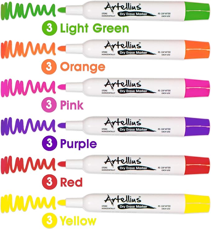 Artellius 40 Pack of Dry Erase Markers (12 ASSORTED COLORS W/ 7 EXTRA BLACK) - Thick Barrel Design - Perfect Pens For Writing on Whiteboards, Dry-Erase Boards, Mirrors, & All White Board Surfaces