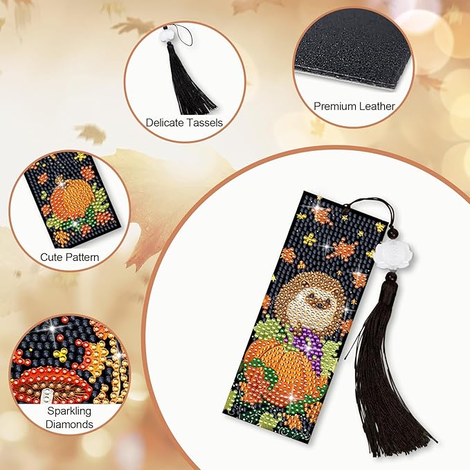 Anseal 3 Pcs 5D Thanksgiving Diamond Bookmarks Painting for Book Lovers, PU Leather Diamond Dotz Art Bookmark for Adults, Tassel Beaded Book Mark for Graduation Birthday Thanksgiving Reading Present