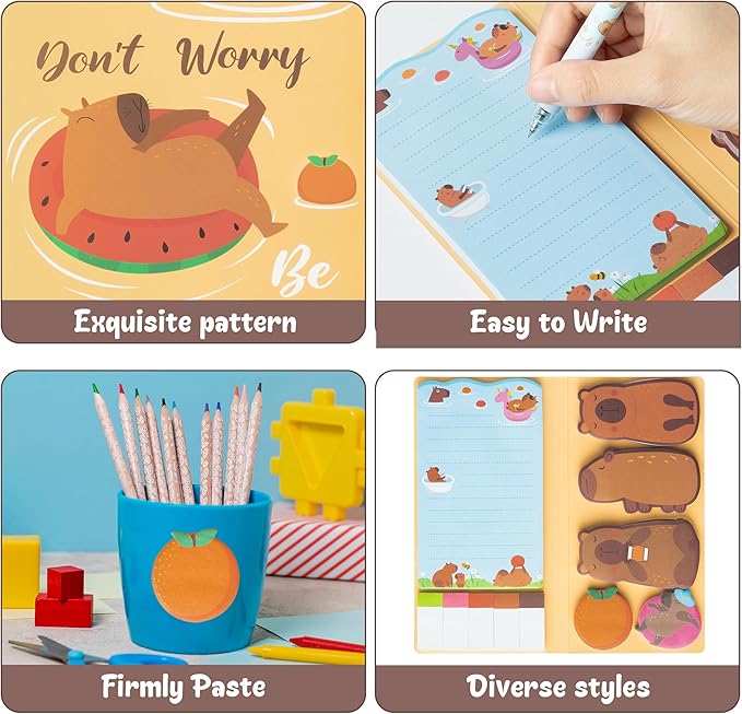 B1ykin Sticky Notes Set - Cartoon Theme Cute Self-Stick Notes Pad Teacher Appreciation Gifts， Self-Adhesive Writing Memo Pages Sticky to Do Notepad for Kids Employee School Office (Capybara)