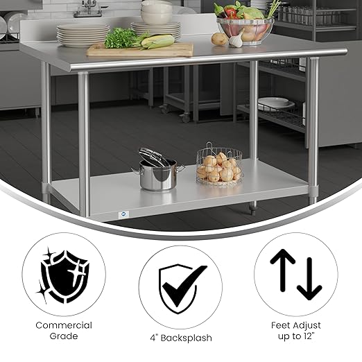 Flash Furniture Reese Commercial Stainless Steel Prep/Work Table for Back Kitchen, 430 Stainless Steel, 18 Gauge, Adjustable Shelf, 4" Backsplash, 30" x 48"
