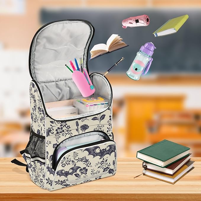 Goth Bat Flowers Backpack with Reflective Strip for Kids Boys Girls Elementary School Bag Removable Chest Strap