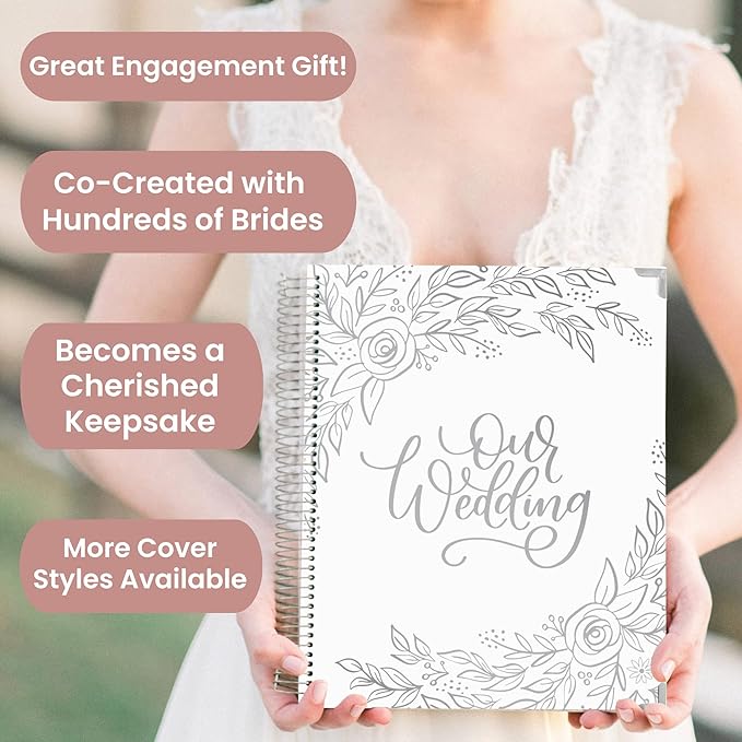 bloom daily planners Wedding Planner & Organizer/Hardcover Keepsake Journal with Essential Planning Tools - Checklists, Vision Boards, Tips & More - 9"x11" - Silver Floral (Undated)